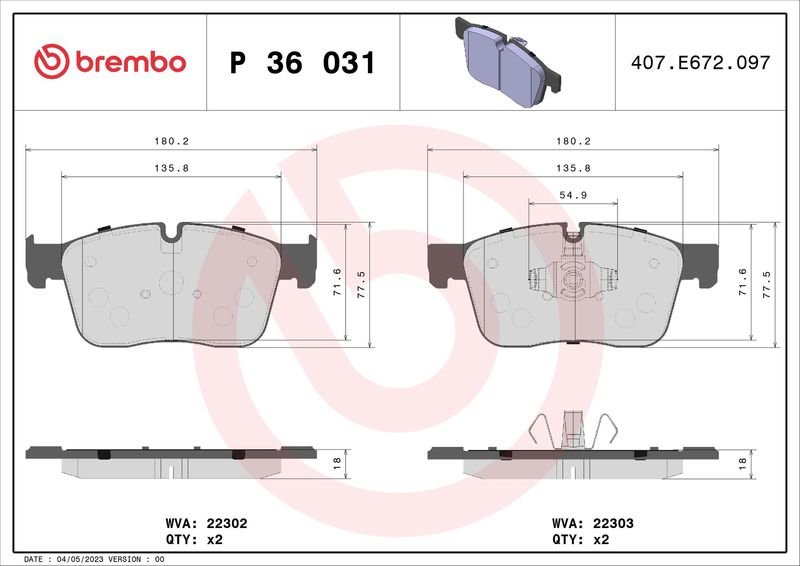 Zestaw klocków hamulcowych, hamulce tarczowe BREMBO P 36 031
