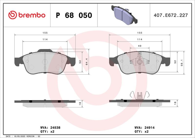 Zestaw klocków hamulcowych, hamulce tarczowe BREMBO P 68 050