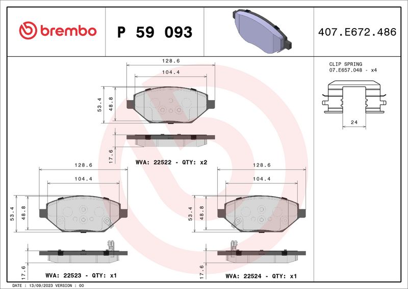 Zestaw klocków hamulcowych, hamulce tarczowe BREMBO P 59 093