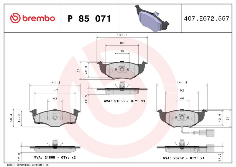 Zestaw klocków hamulcowych, hamulce tarczowe BREMBO P 85 071
