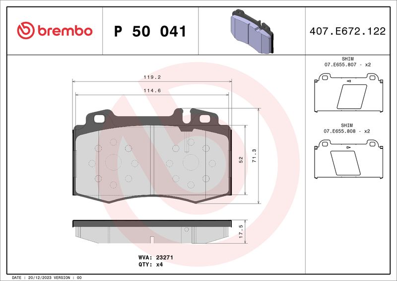 Zestaw klocków hamulcowych, hamulce tarczowe BREMBO P 50 041
