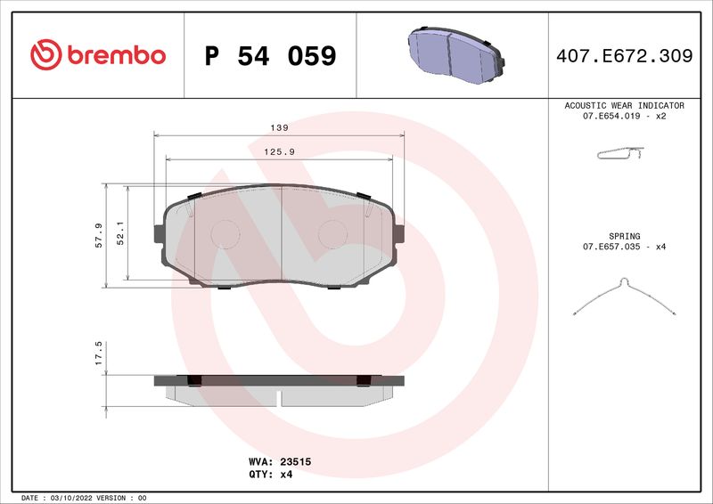 Zestaw klocków hamulcowych, hamulce tarczowe BREMBO P 54 059