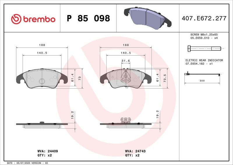 Zestaw klocków hamulcowych, hamulce tarczowe BREMBO P 85 098