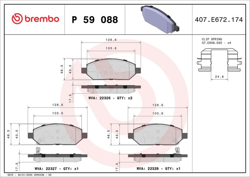 Zestaw klocków hamulcowych, hamulce tarczowe BREMBO P 59 088