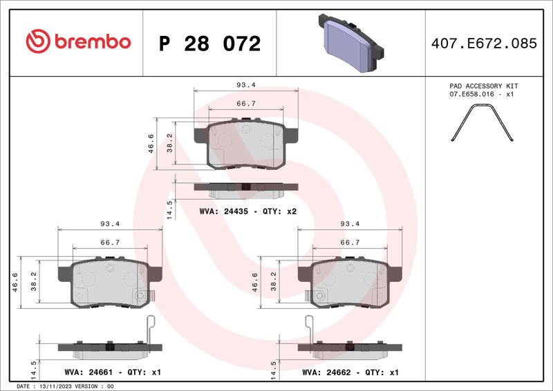 Zestaw klocków hamulcowych, hamulce tarczowe BREMBO P 28 072X