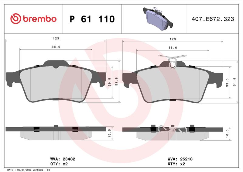 Zestaw klocków hamulcowych, hamulce tarczowe BREMBO P 61 110