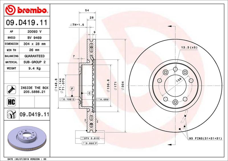 Tarcza hamulcowa BREMBO 09.D419.11