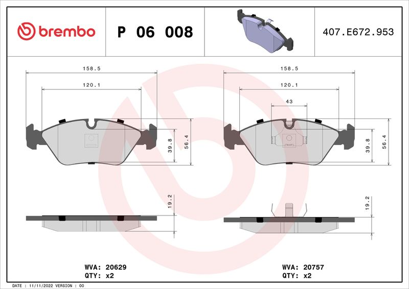 Zestaw klocków hamulcowych, hamulce tarczowe BREMBO P 06 008