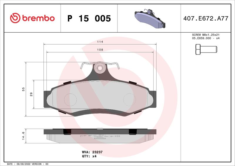 Zestaw klocków hamulcowych, hamulce tarczowe BREMBO P 15 005