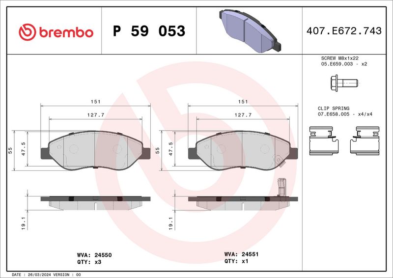 Zestaw klocków hamulcowych, hamulce tarczowe BREMBO P 59 053