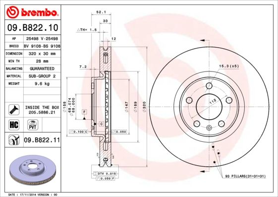 Tarcza hamulcowa BREMBO 09.B822.11