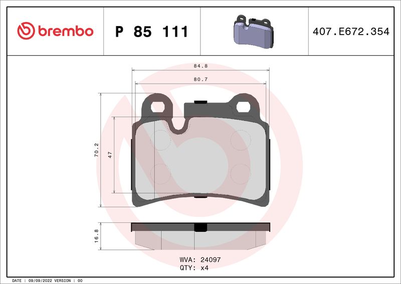 Zestaw klocków hamulcowych, hamulce tarczowe BREMBO P 85 111