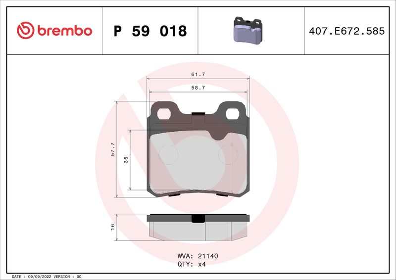 Zestaw klocków hamulcowych, hamulce tarczowe BREMBO P 59 018