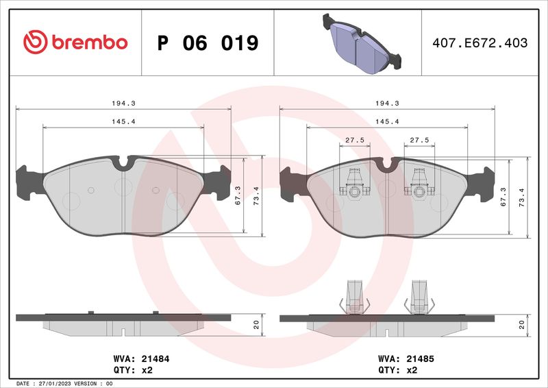 Zestaw klocków hamulcowych, hamulce tarczowe BREMBO P 06 019