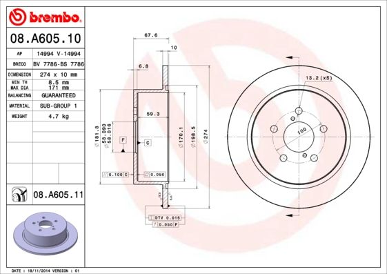 Tarcza hamulcowa BREMBO 08.A605.11