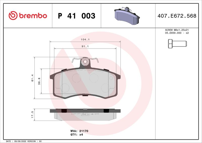 Zestaw klocków hamulcowych, hamulce tarczowe BREMBO P 41 003