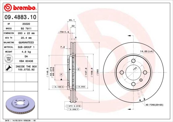 Tarcza hamulcowa BREMBO 09.4883.10