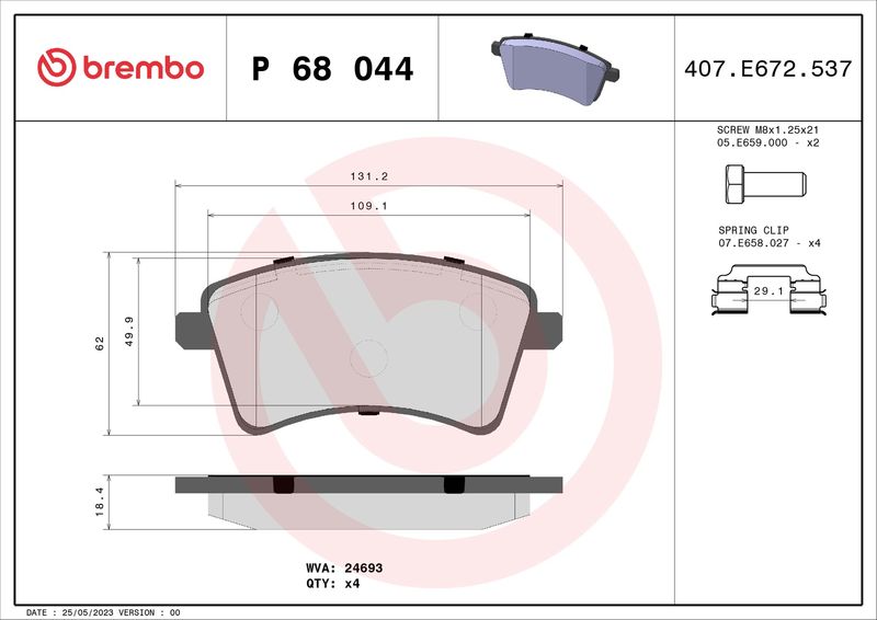 Zestaw klocków hamulcowych, hamulce tarczowe BREMBO P 68 044