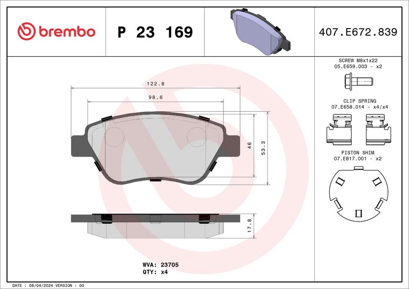 Zestaw klocków hamulcowych, hamulce tarczowe BREMBO P 23 169