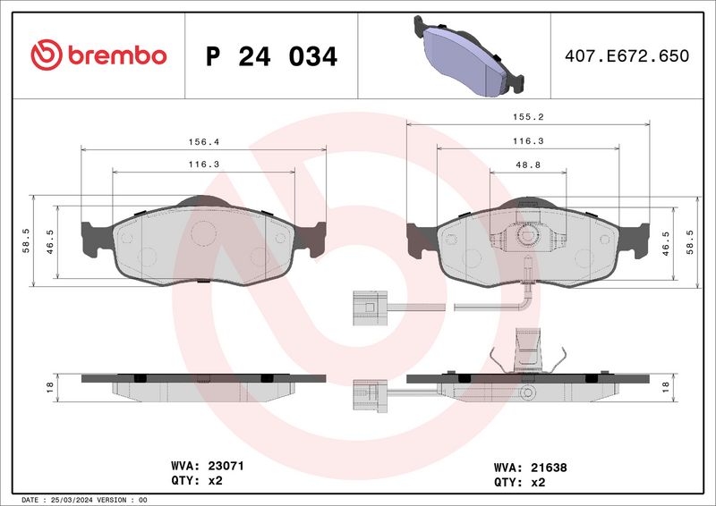 Zestaw klocków hamulcowych, hamulce tarczowe BREMBO P 24 034