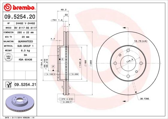 Tarcza hamulcowa BREMBO 09.5254.21