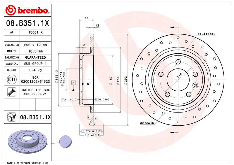 Tarcza hamulcowa BREMBO 08.B351.1X