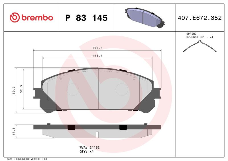 Zestaw klocków hamulcowych, hamulce tarczowe BREMBO P 83 145