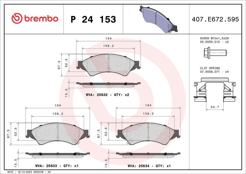 Zestaw klocków hamulcowych, hamulce tarczowe BREMBO P 24 153X