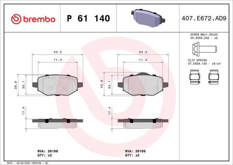 Zestaw klocków hamulcowych, hamulce tarczowe BREMBO P 61 140