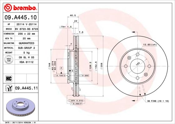Tarcza hamulcowa BREMBO 09.A445.11