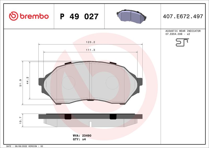 Zestaw klocków hamulcowych, hamulce tarczowe BREMBO P 49 027
