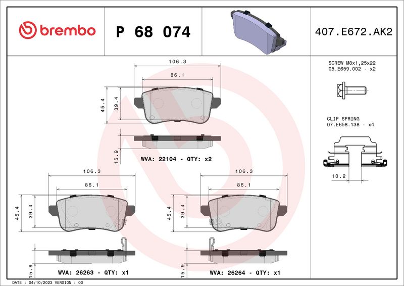 Zestaw klocków hamulcowych, hamulce tarczowe BREMBO P 68 074