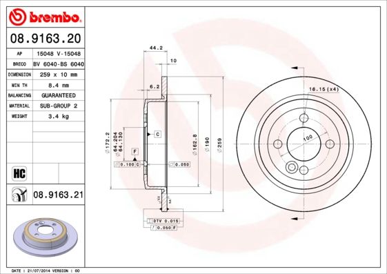 Tarcza hamulcowa BREMBO 08.9163.21