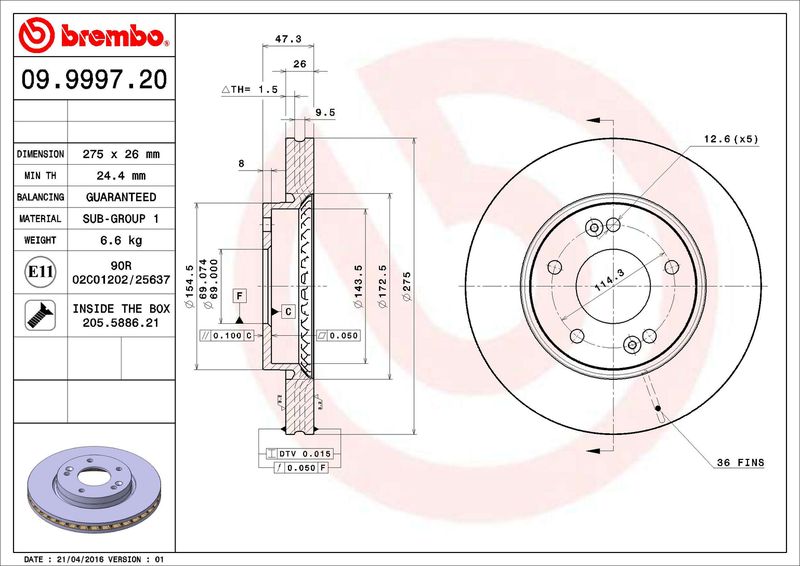 Tarcza hamulcowa BREMBO 09.9997.20