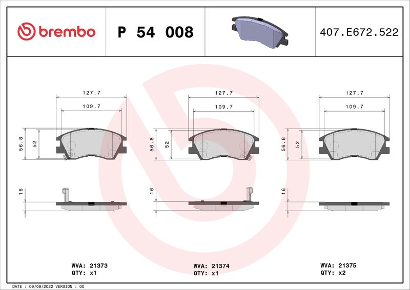 Zestaw klocków hamulcowych, hamulce tarczowe BREMBO P 54 008