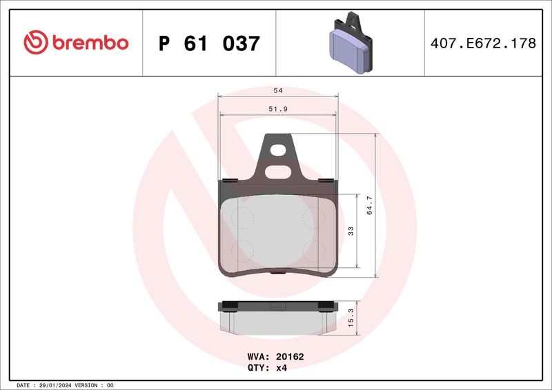 Zestaw klocków hamulcowych, hamulce tarczowe BREMBO P 61 037
