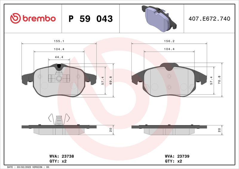 Zestaw klocków hamulcowych, hamulce tarczowe BREMBO P 59 043