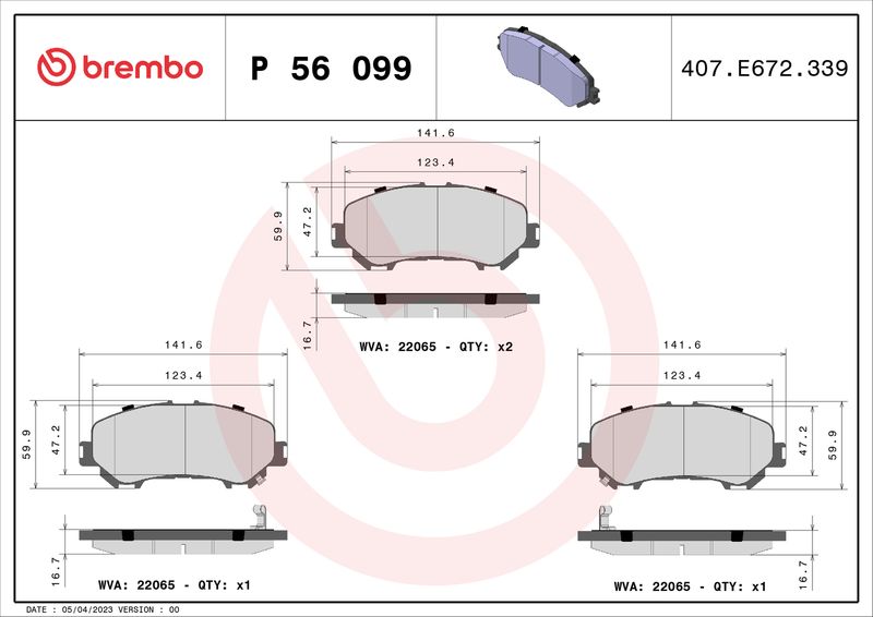 Zestaw klocków hamulcowych, hamulce tarczowe BREMBO P 56 099