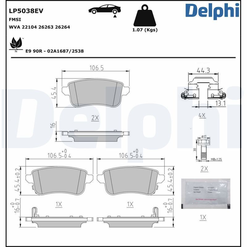 Zestaw klocków hamulcowych, hamulce tarczowe DELPHI LP5038EV