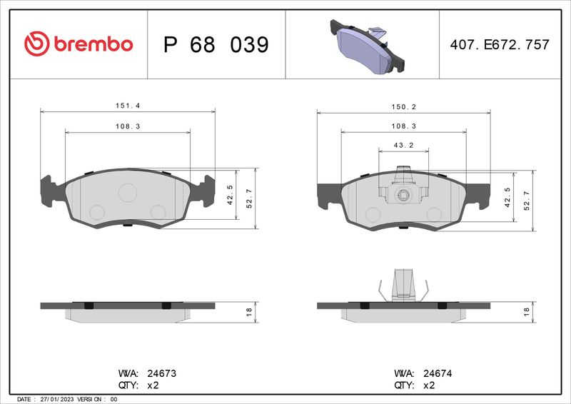 Zestaw klocków hamulcowych, hamulce tarczowe BREMBO P 68 039
