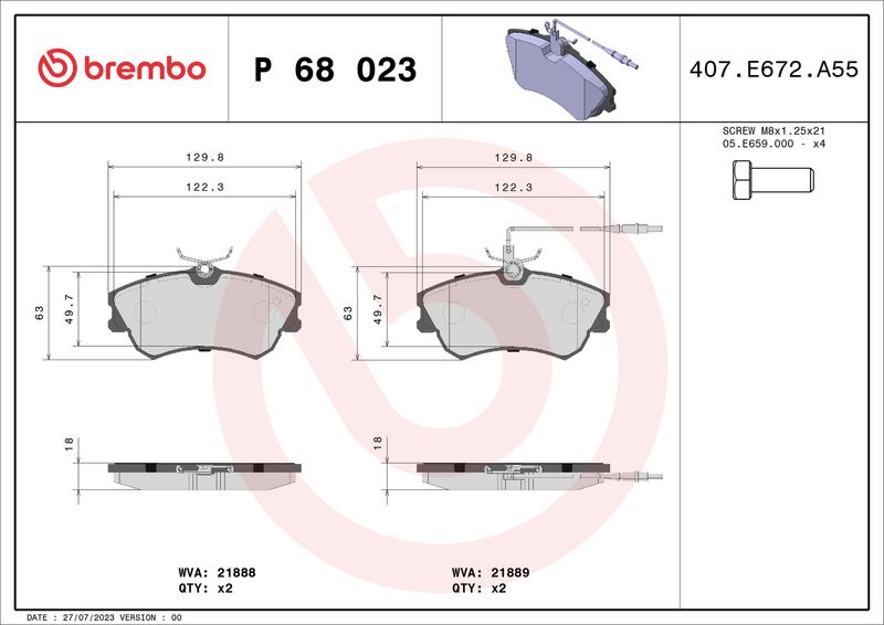 Zestaw klocków hamulcowych, hamulce tarczowe BREMBO P 68 023