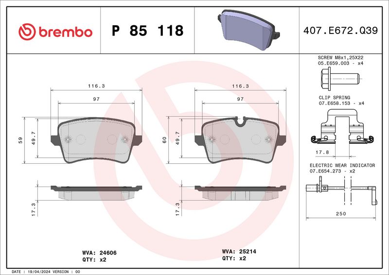 Zestaw klocków hamulcowych, hamulce tarczowe BREMBO P 85 118X