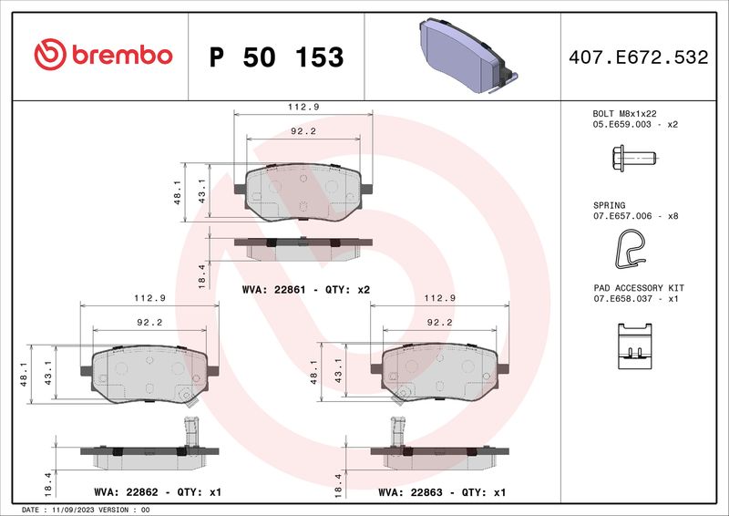 Zestaw klocków hamulcowych, hamulce tarczowe BREMBO P 50 153