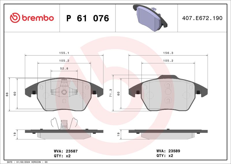 Zestaw klocków hamulcowych, hamulce tarczowe BREMBO P 61 076X