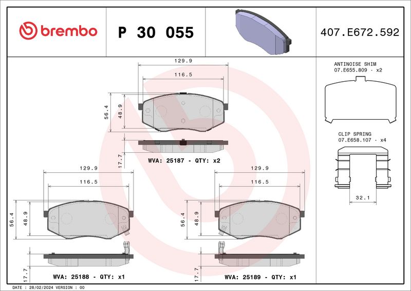 Zestaw klocków hamulcowych, hamulce tarczowe BREMBO P 30 055X