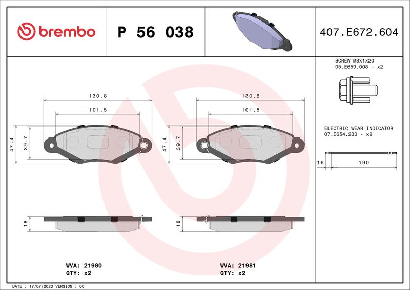 Zestaw klocków hamulcowych, hamulce tarczowe BREMBO P 56 038