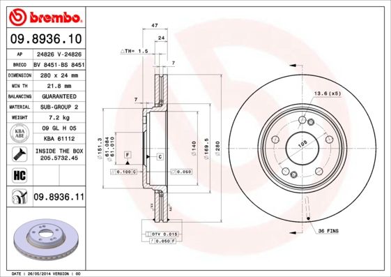 Tarcza hamulcowa BREMBO 09.8936.11