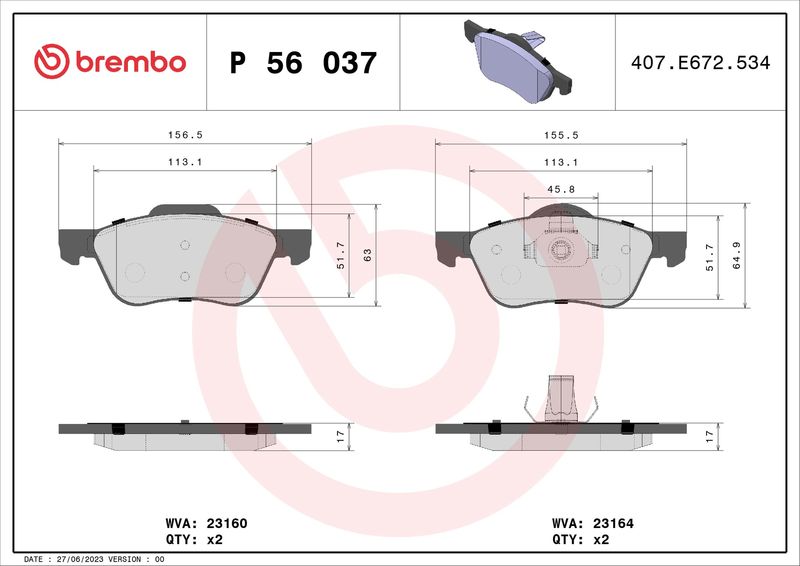 Zestaw klocków hamulcowych, hamulce tarczowe BREMBO P 56 037
