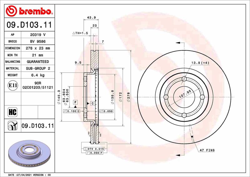 Tarcza hamulcowa BREMBO 09.D103.11