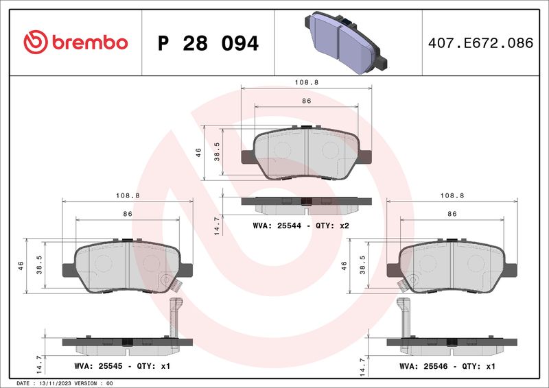 Zestaw klocków hamulcowych, hamulce tarczowe BREMBO P 28 094
